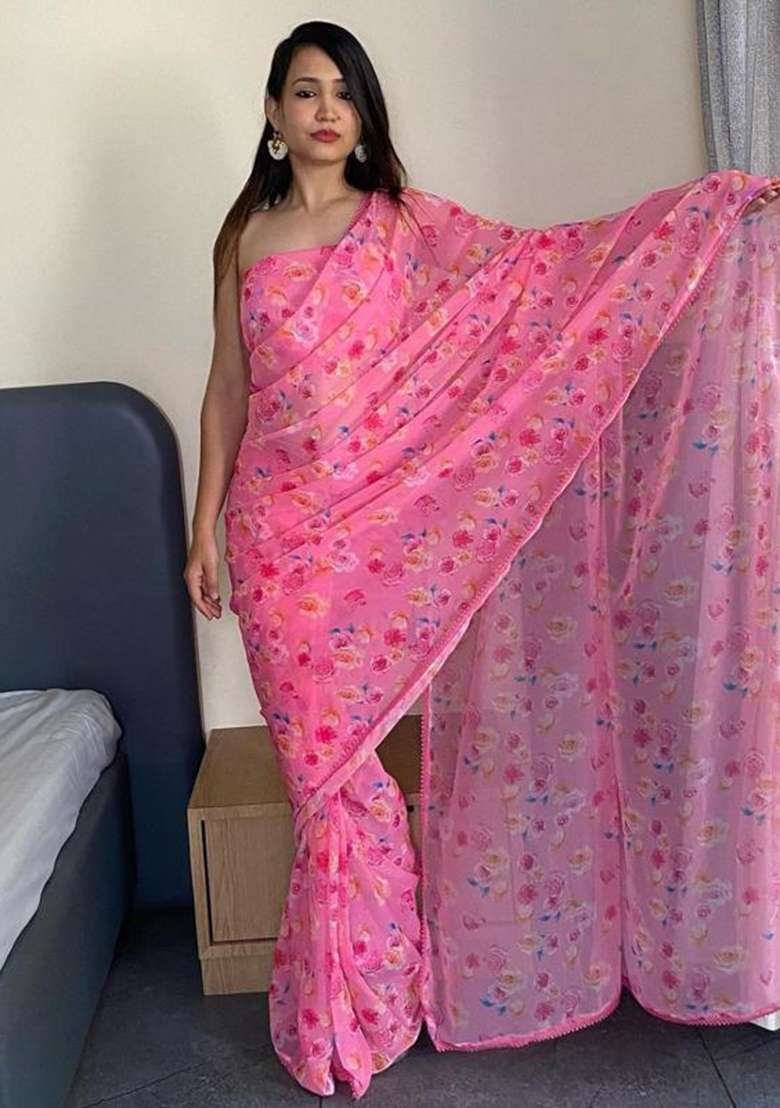 Pink Embroidered Georgette Saree Set - Indya