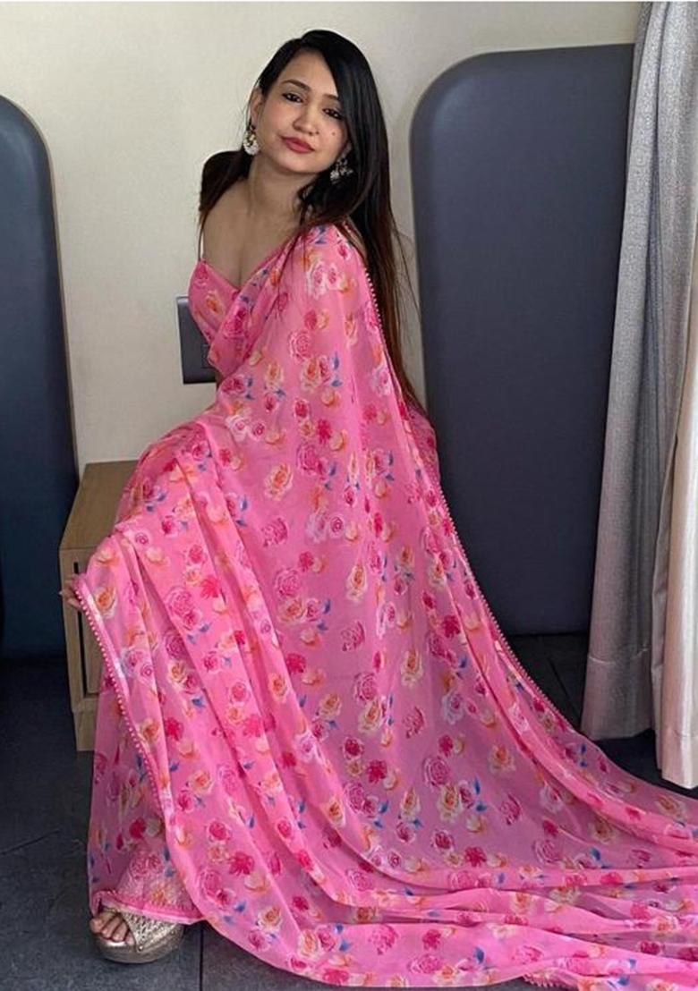 Pink Embroidered Georgette Saree Set - Indya