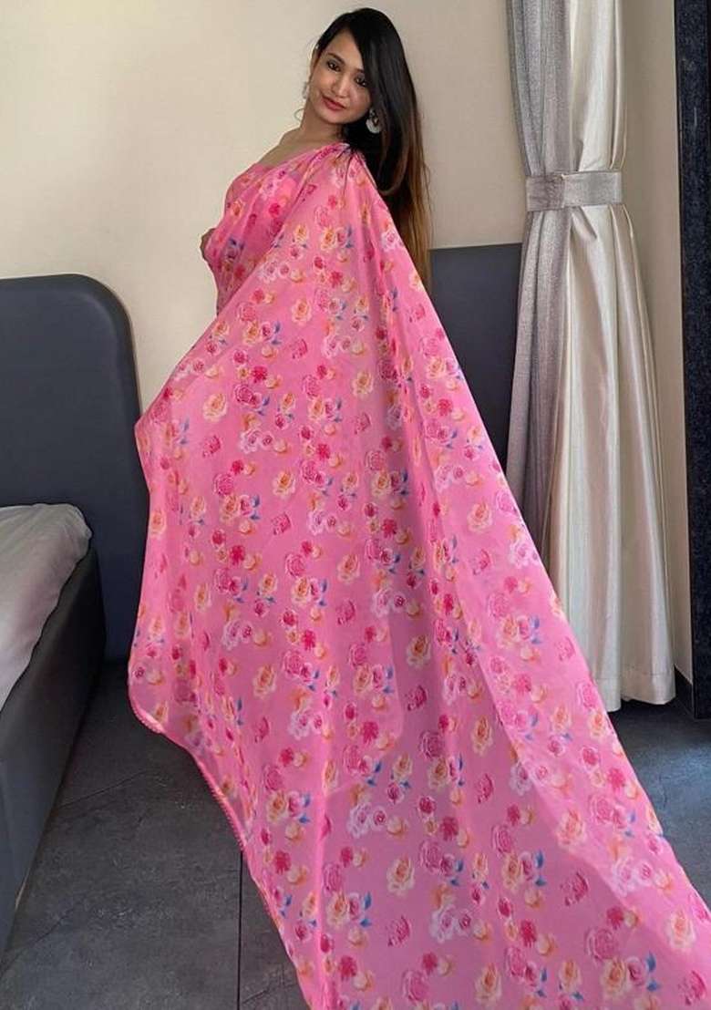 Pink Embroidered Georgette Saree Set - Indya