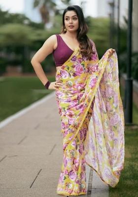 Pink Yellow Embroidered Georgette Saree Set