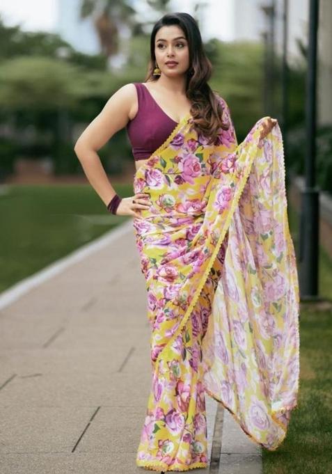 Pink Yellow Embroidered Georgette Saree Set