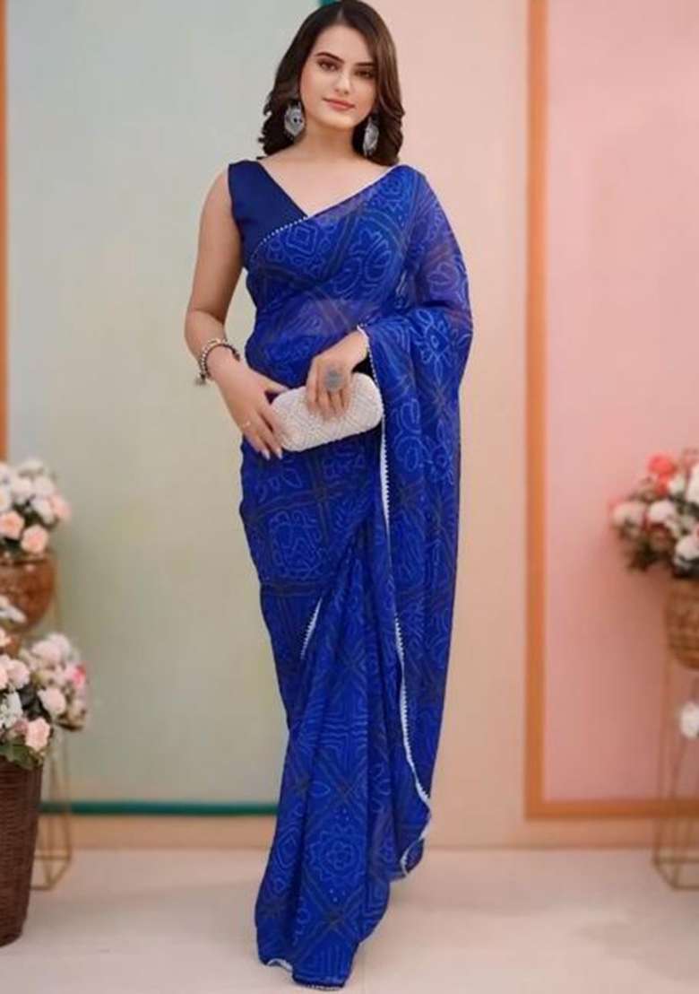 Blue Embroidered Georgette Saree Set - Indya