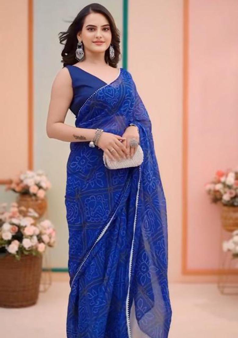 Blue Embroidered Georgette Saree Set - Indya