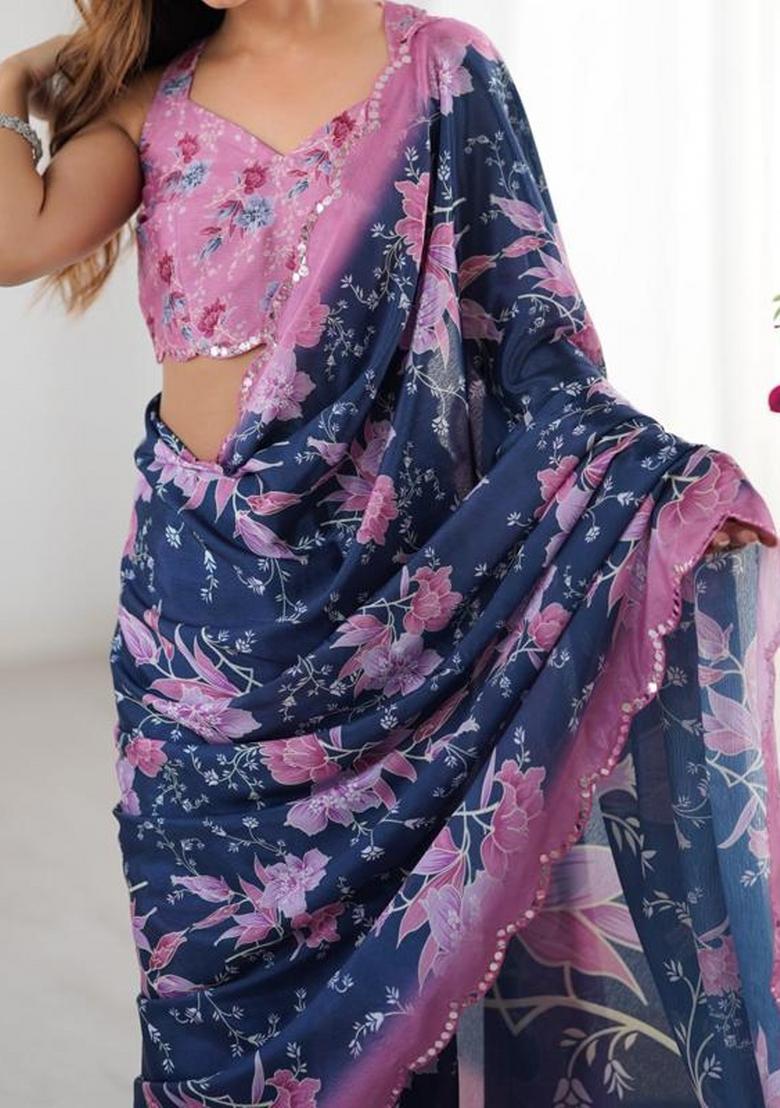 Navy Blue Embroidered Chinon Saree Set - Indya