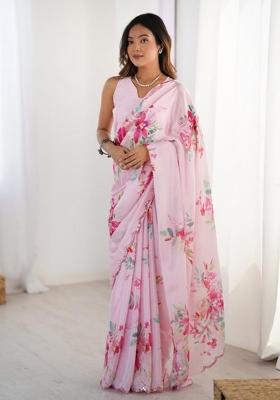 Off White Embroidered Chinon Saree Set