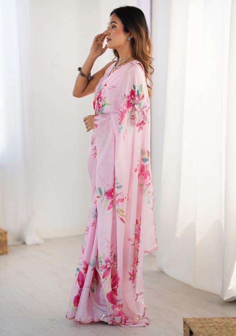 Off White Embroidered Chinon Saree Set - Indya