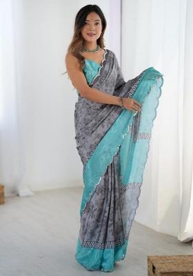 Grey Embroidered Chinon Saree Set