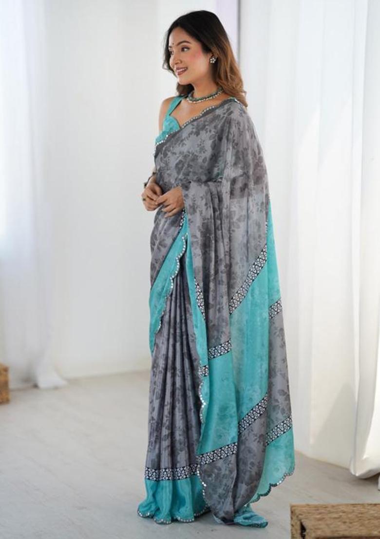 Grey Embroidered Chinon Saree Set - Indya