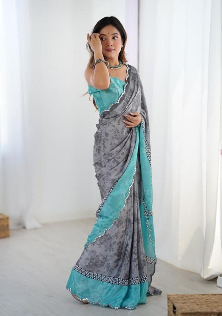 Grey Embroidered Chinon Saree Set - Indya