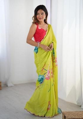 Light Green Embroidered Chinon Saree Set