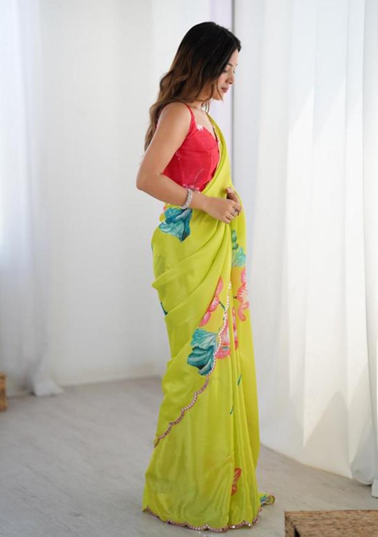 Light Green Embroidered Chinon Saree Set - Indya