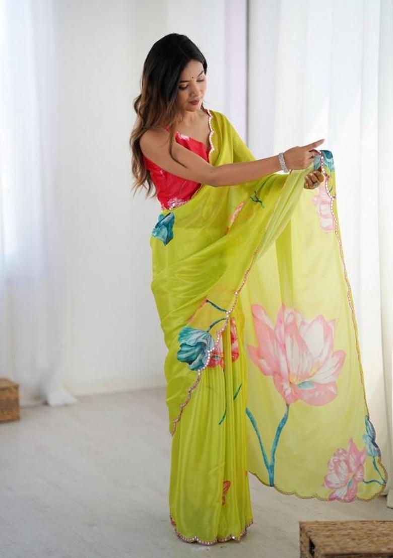 Light Green Embroidered Chinon Saree Set - Indya