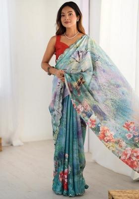 Greyish Teal Blue Embroidered Chinon Saree Set