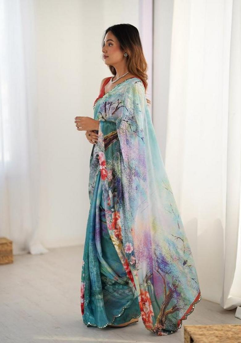 Greyish Teal Blue Embroidered Chinon Saree Set - Indya