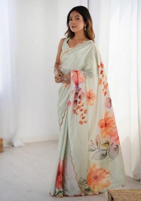 Off White Embroidered Chinon Saree Set