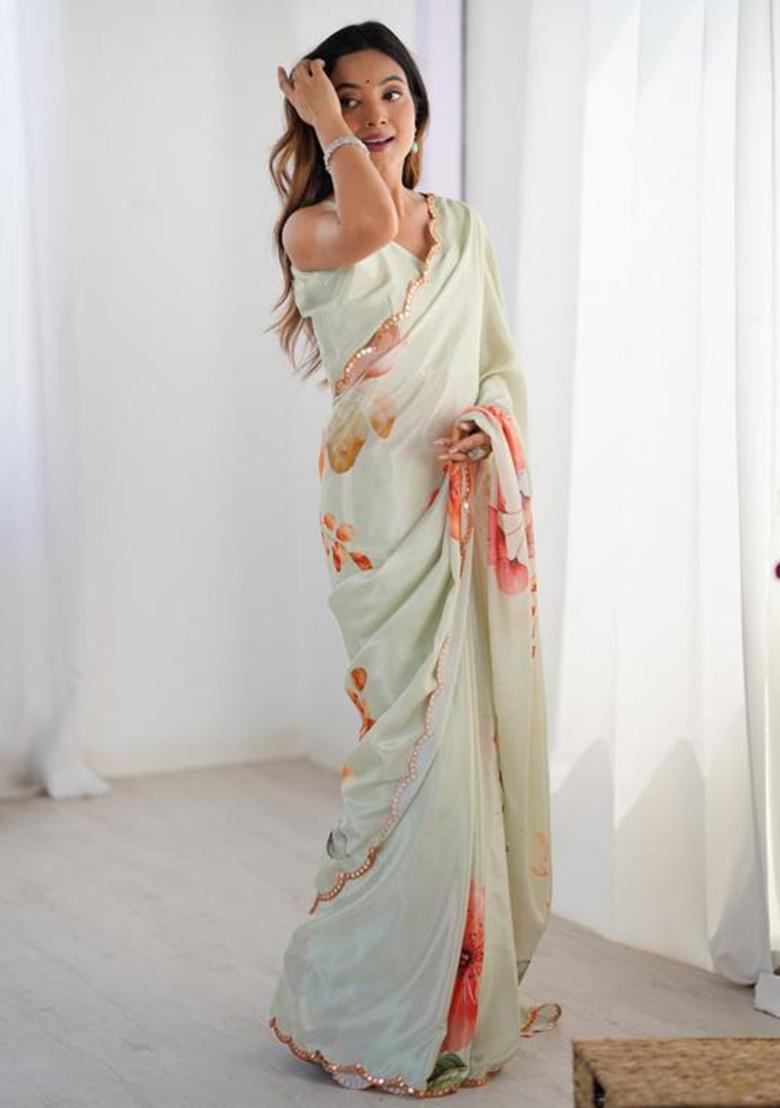 Off White Embroidered Chinon Saree Set - Indya