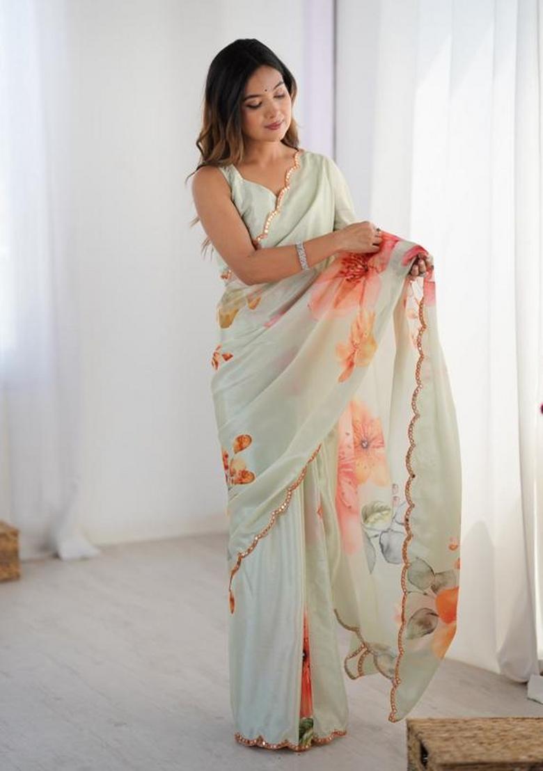 Off White Embroidered Chinon Saree Set - Indya