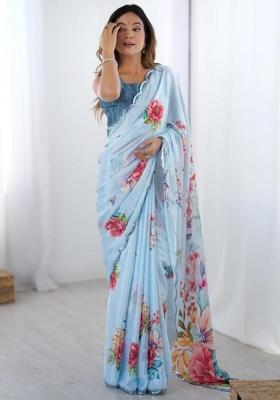 Sky Blue Embroidered Chinon Saree Set