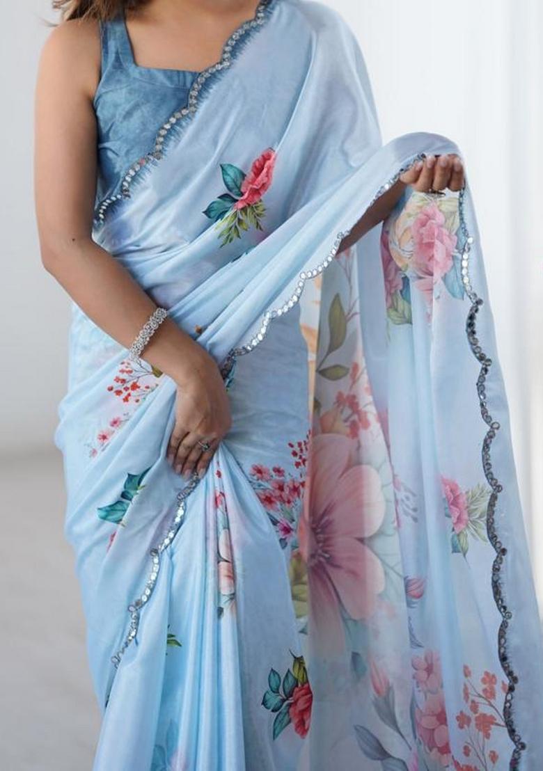 Sky Blue Embroidered Chinon Saree Set - Indya