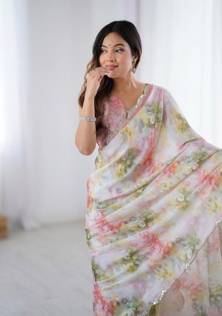Off White Embroidered Chinon Saree Set - Indya