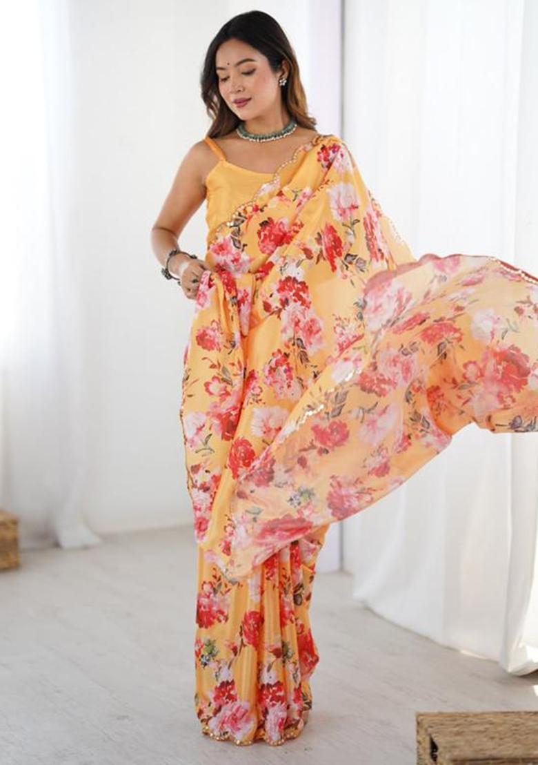 Yellow Embroidered Chinon Saree Set - Indya