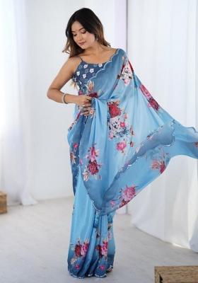 Sky Blue Embroidered Chinon Saree Set