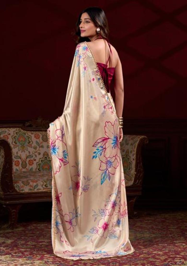 Cream Embroidered Satin Saree Set - Indya
