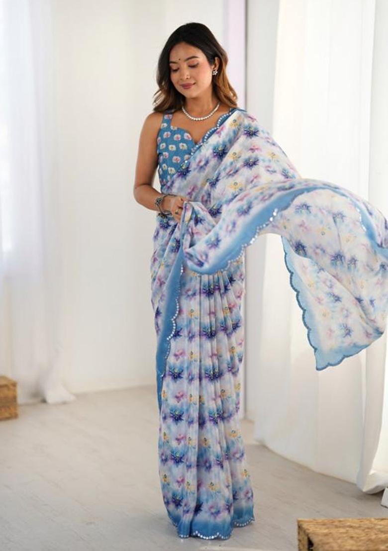 White And Blue Embroidered Chinon Saree Set - Indya
