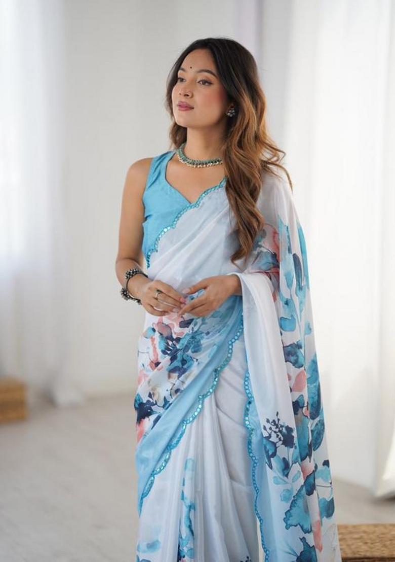 White And Blue Embroidered Chinon Saree Set - Indya