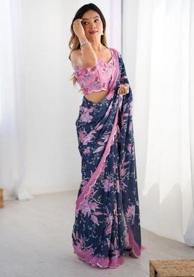 Navy Blue Embroidered Chinon Saree Set