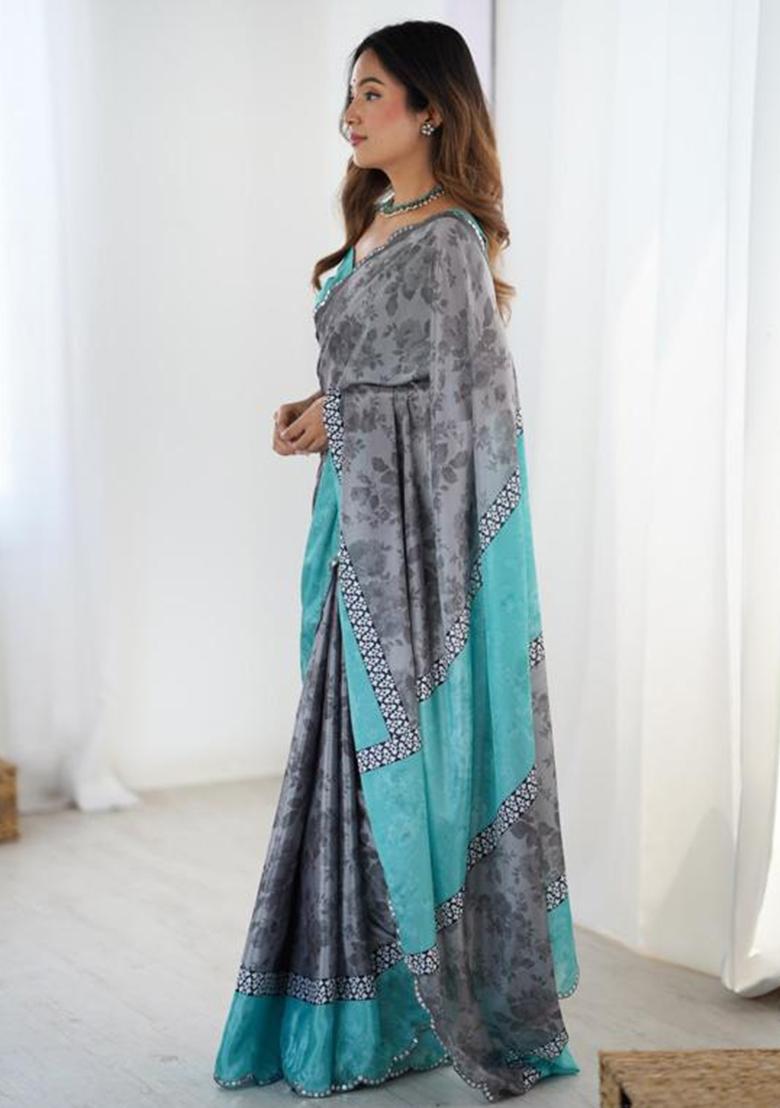 Grey Embroidered Chinon Saree Set - Indya