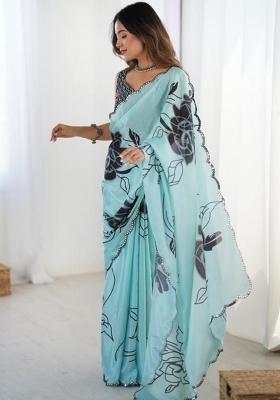 Sea Green Embroidered Chinon Saree Set