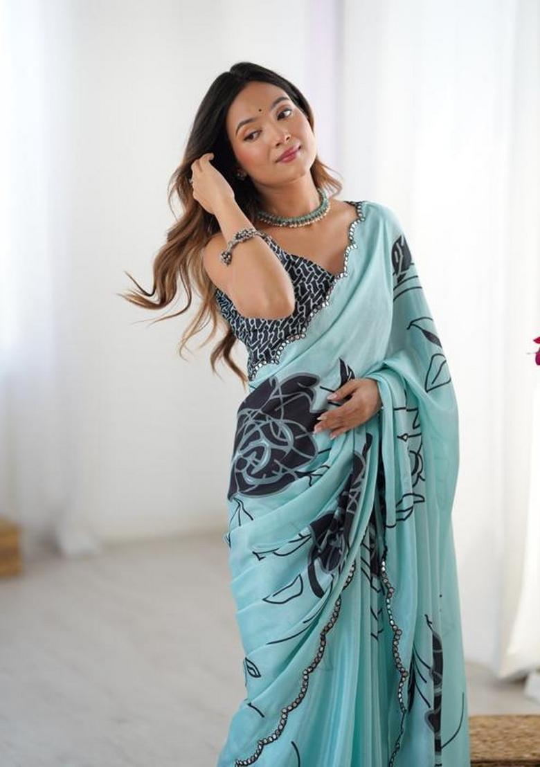 Sea Green Embroidered Chinon Saree Set - Indya