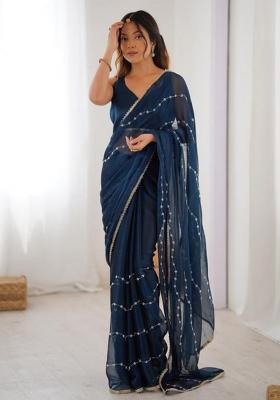 Navy Blue Embroidered Blended Saree Set