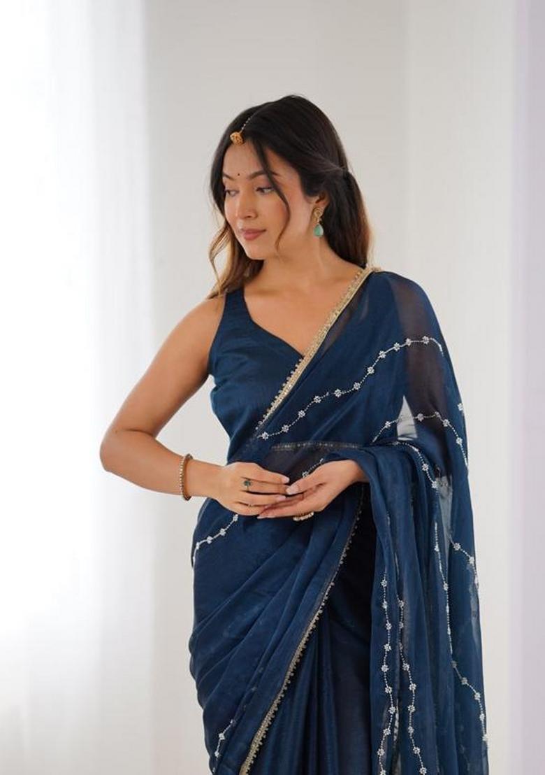 Navy Blue Embroidered Blended Saree Set - Indya