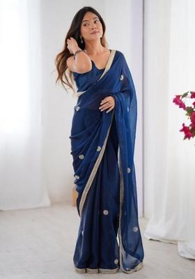 Blue Embroidered Blended Saree Set