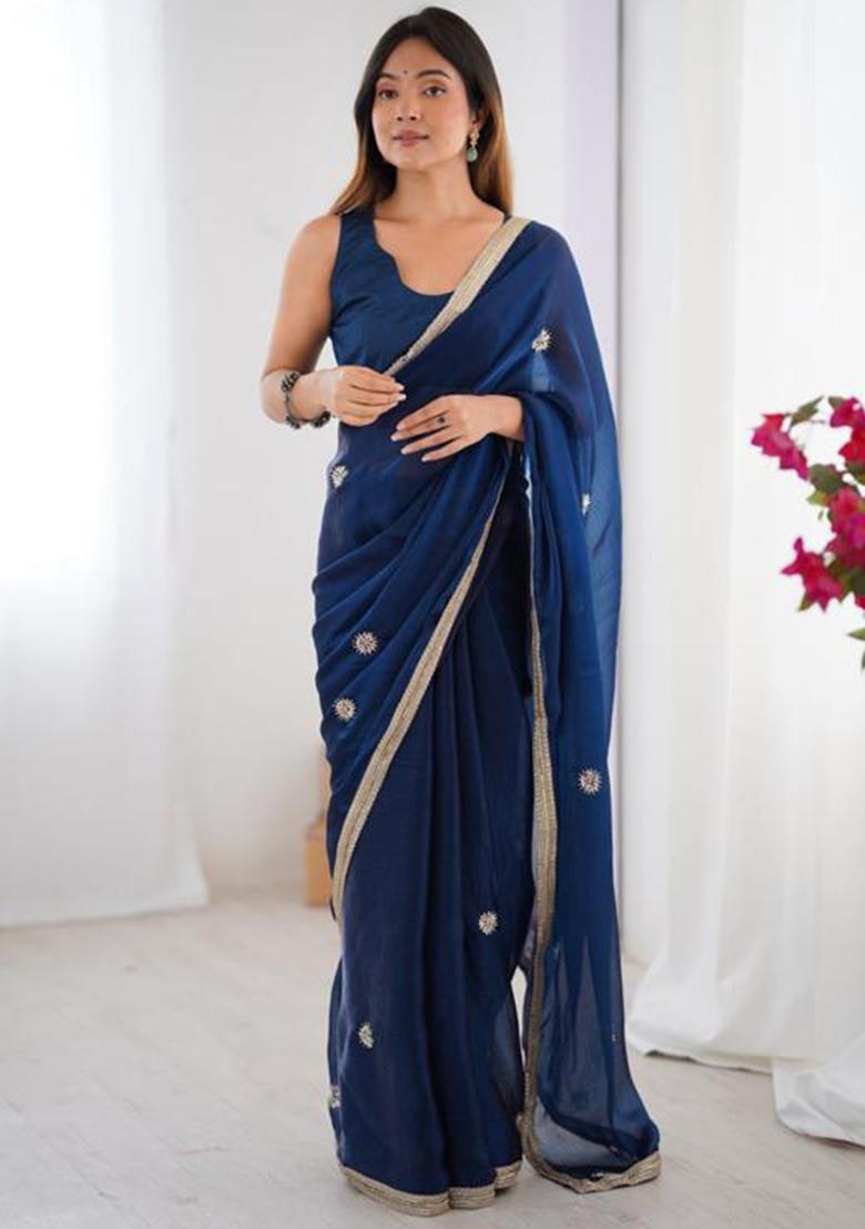 Blue Embroidered Blended Saree Set - Indya