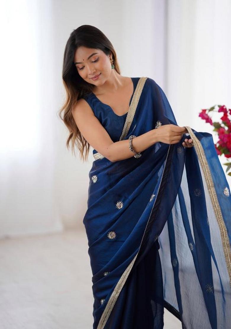 Blue Embroidered Blended Saree Set - Indya
