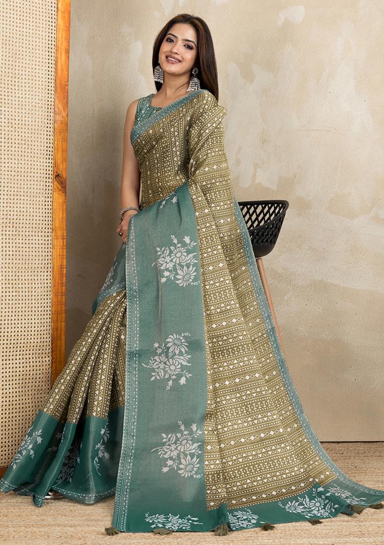 Sea Green Printed Cotton Saree Set - Indya