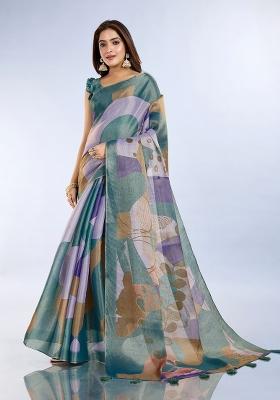 Blue Printed Cotton Saree Set