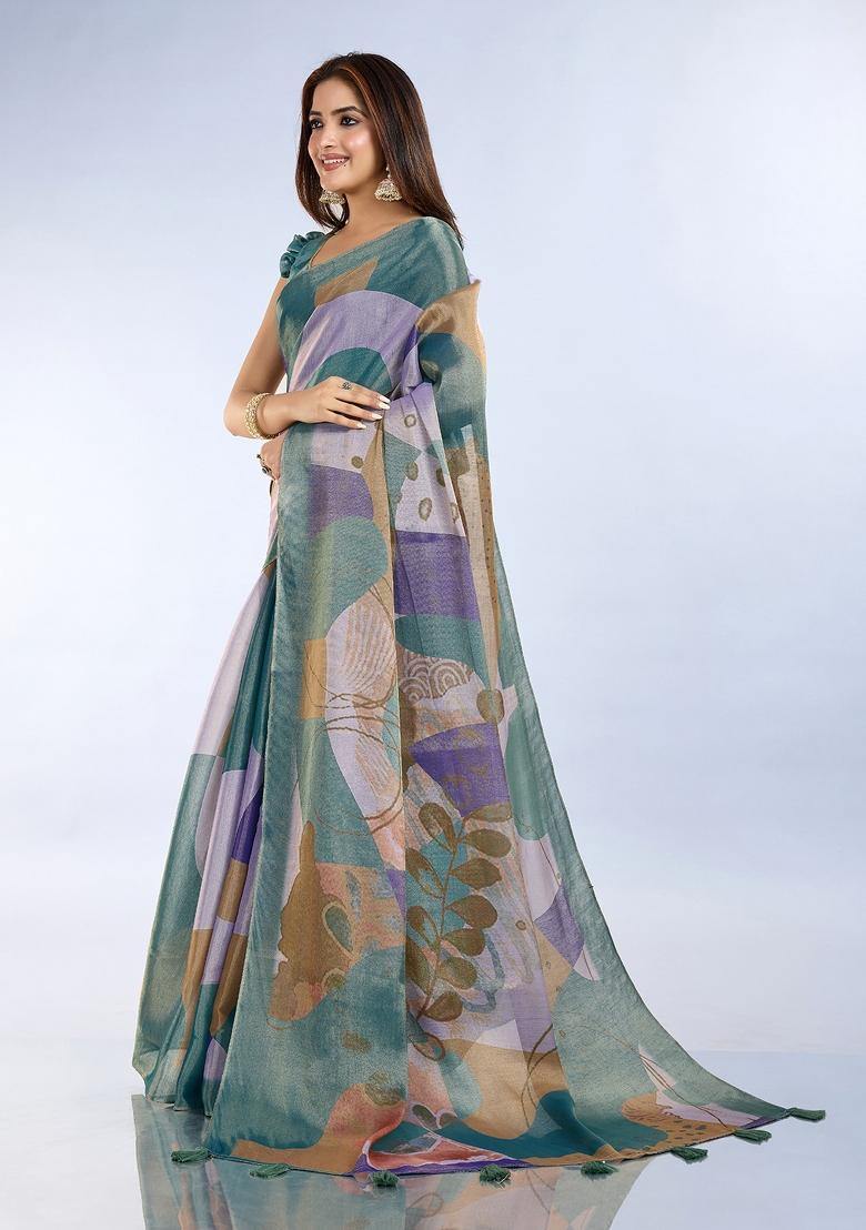 Blue Printed Cotton Saree Set - Indya