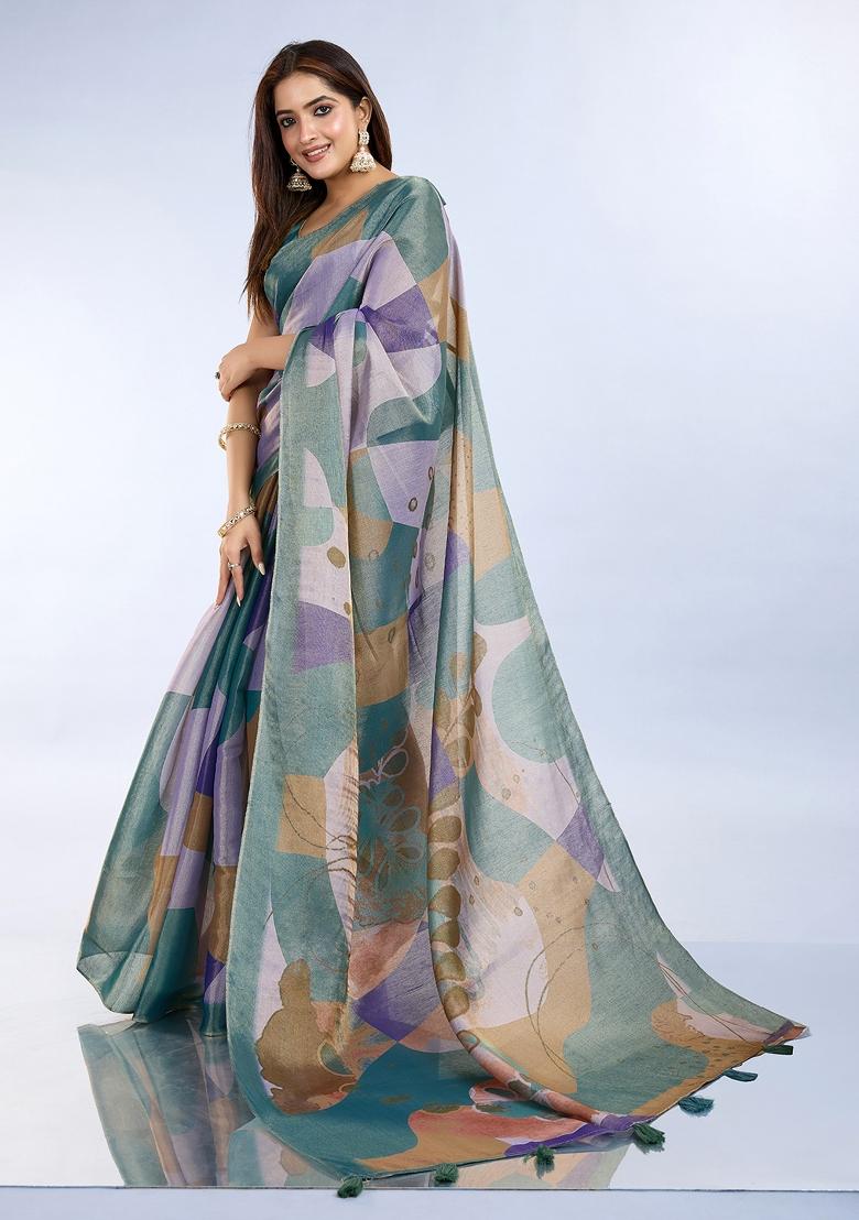 Blue Printed Cotton Saree Set - Indya