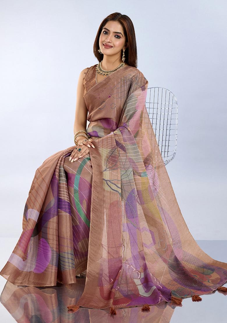 Brown Printed Cotton Saree Set - Indya