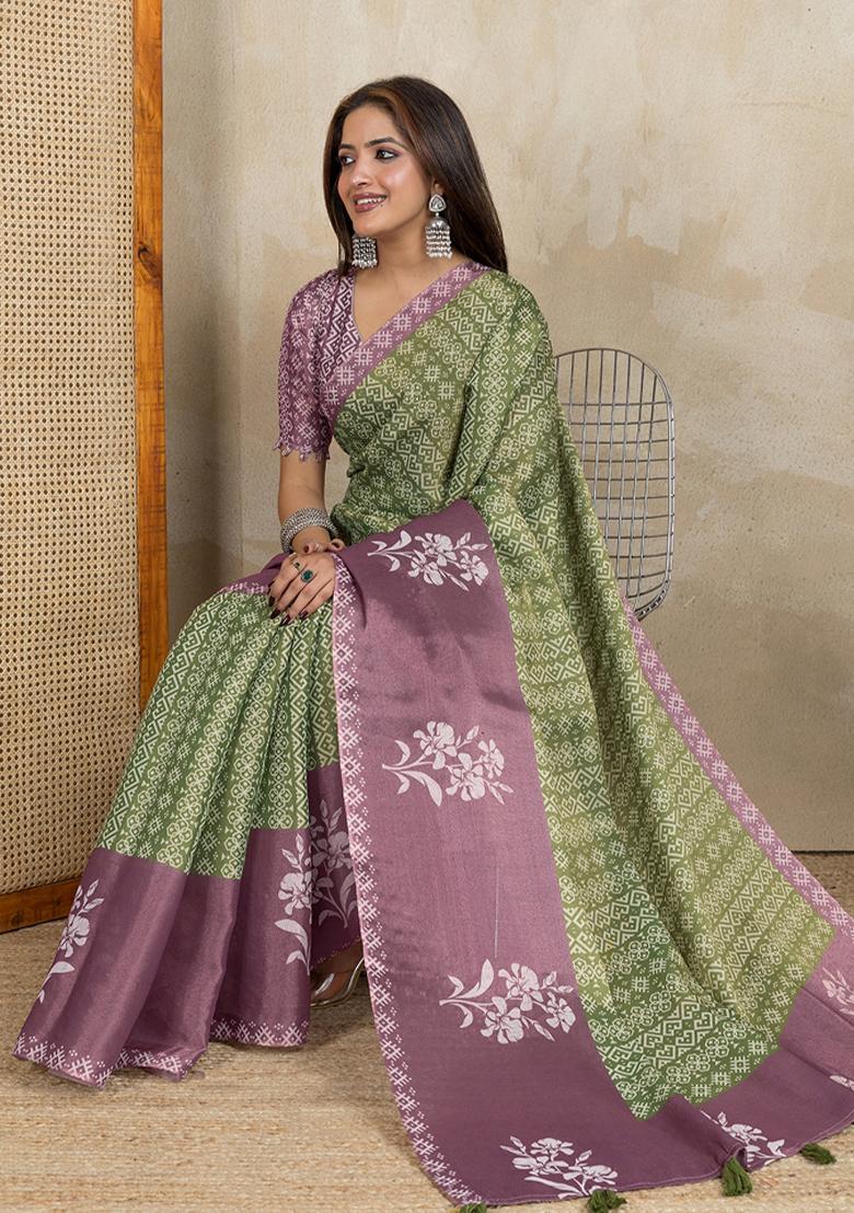 Green Printed Cotton Saree Set - Indya