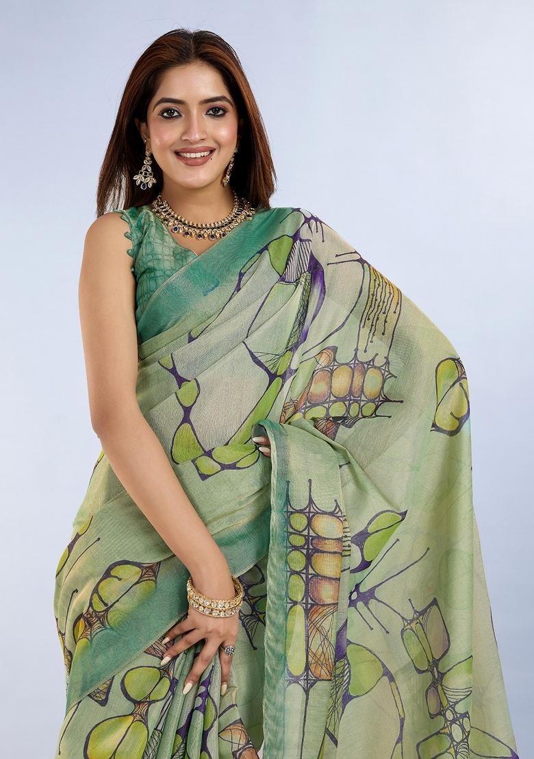 Green Printed Cotton Saree Set - Indya