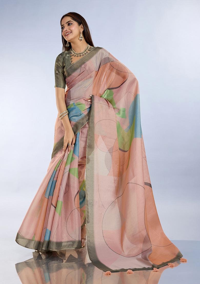 Peach Printed Cotton Saree Set - Indya