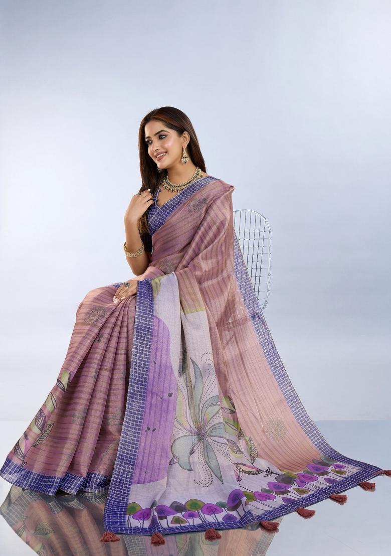 Purple Printed Cotton Saree Set - Indya