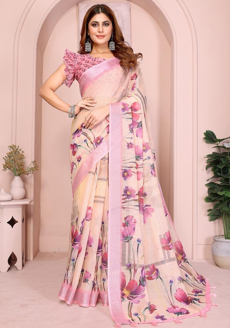 Baby Pink Printed Linen Saree Set - Indya
