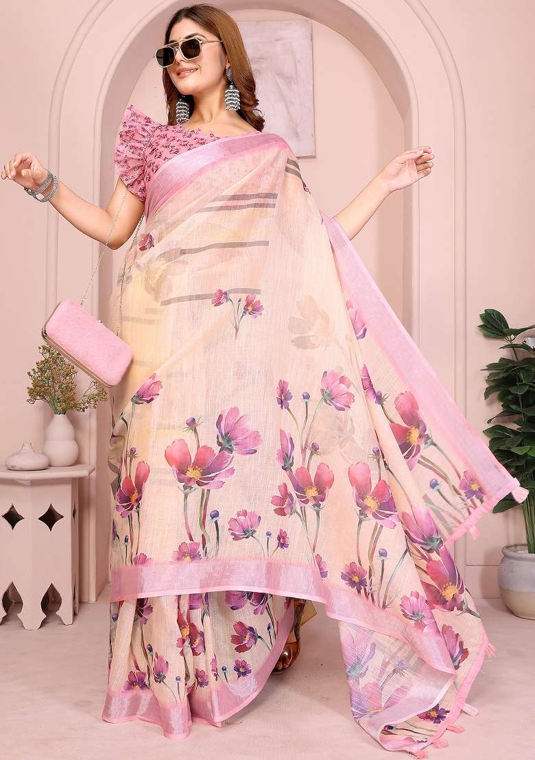 Baby Pink Printed Linen Saree Set - Indya