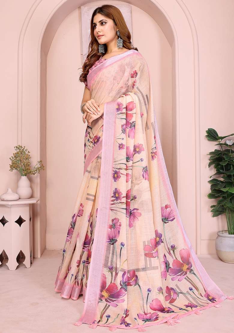 Baby Pink Printed Linen Saree Set - Indya